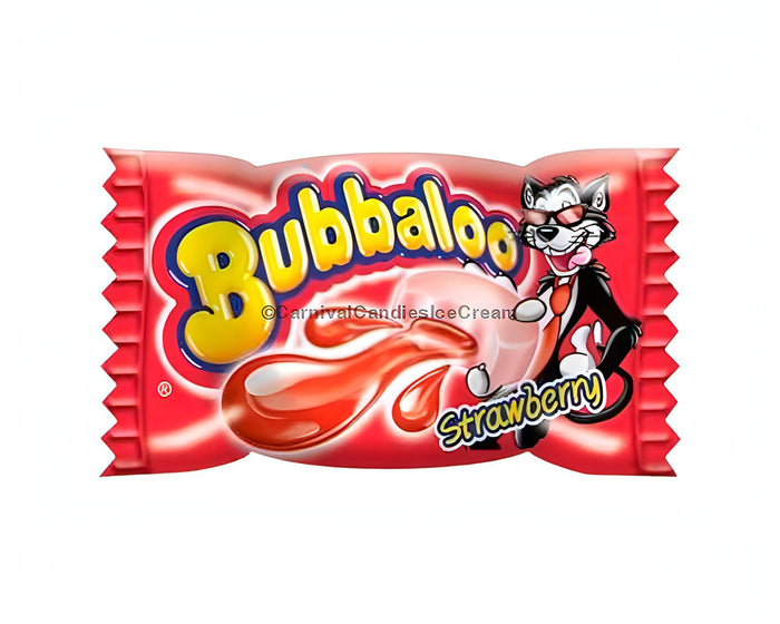 Bubbaloo Strawberry chewing gum packaging featuring a cartoon cat and liquid-filled center, delicious bulk Mexican candy.