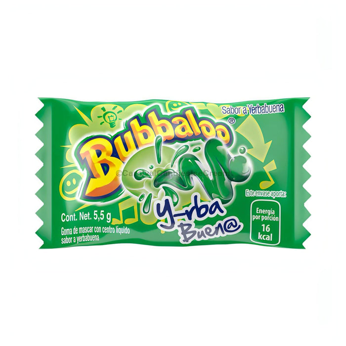 Bubbaloo Yerba Buena Chewing Gum package featuring spearmint flavor, part of Mexican candy selection, 47 count.