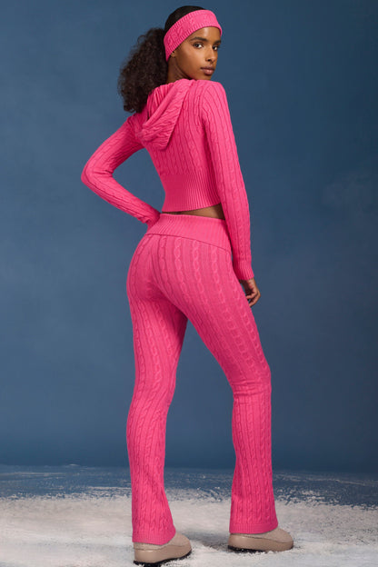 Cable Knit Foldover Flared Trousers in Hot Pink