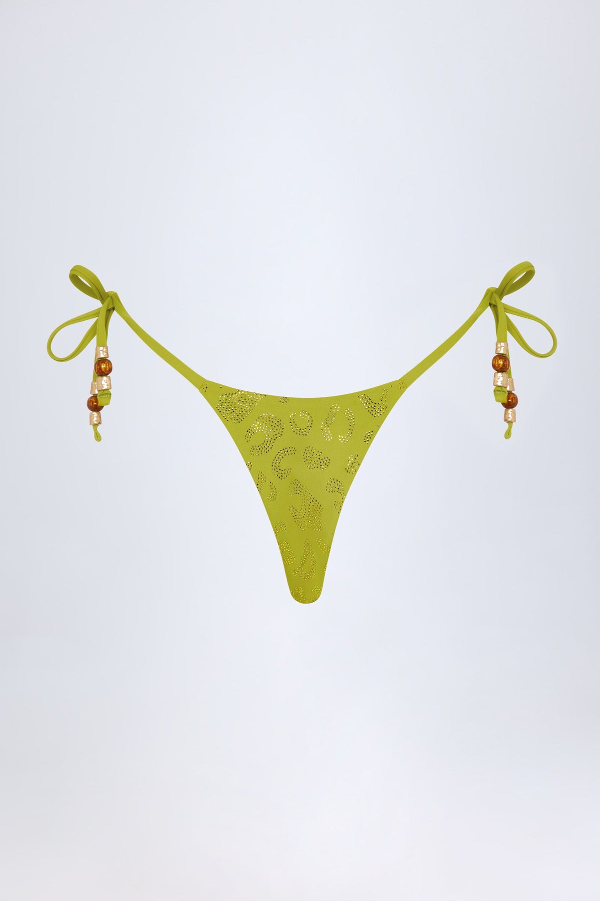 Charm-Detail Thong Bikini Bottoms in Olive Green