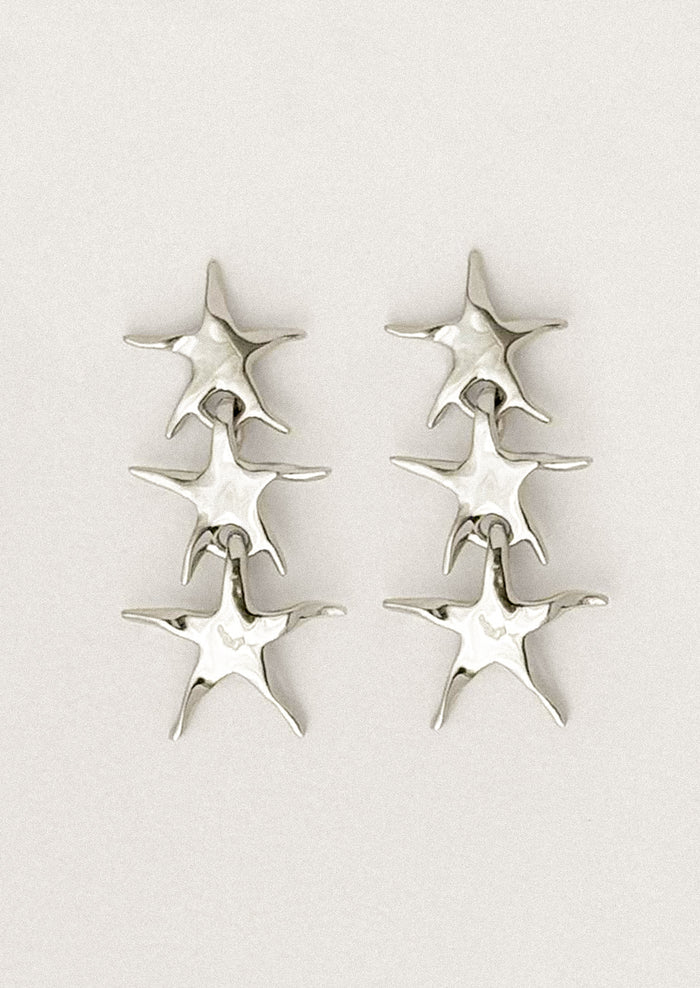 A pair of stacked star earrings in silver.