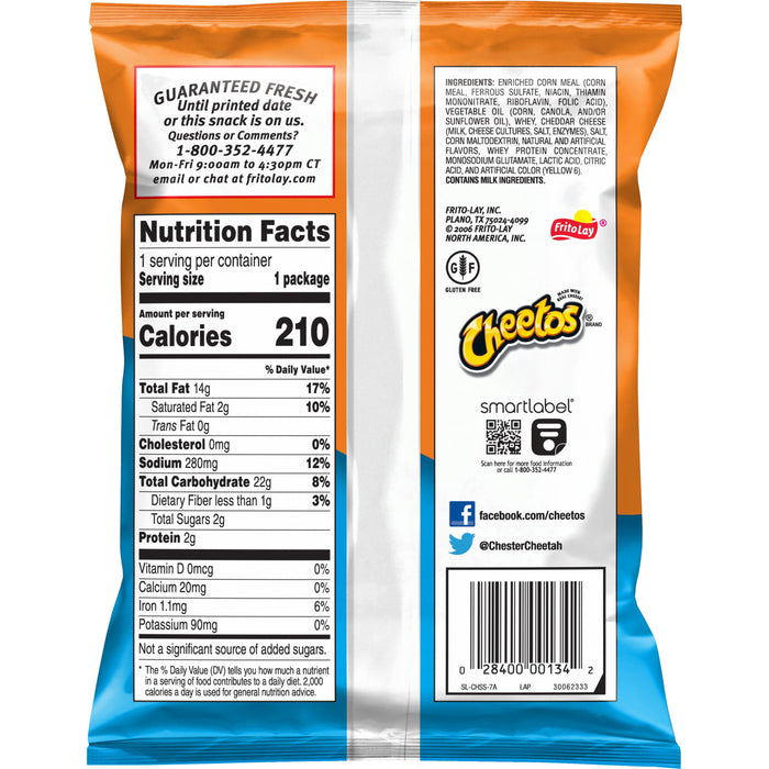 Back of Cheetos Cheddar Puffs bag showing nutrition facts and ingredients, ideal for snack lovers and Frito Lay bulk chips.