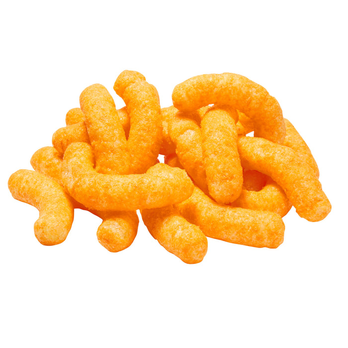 Cheetos Cheddar Puffs piled, showcasing their cheesy flavor, perfect for snacking or sharing from a Frito Lay bulk chips case.