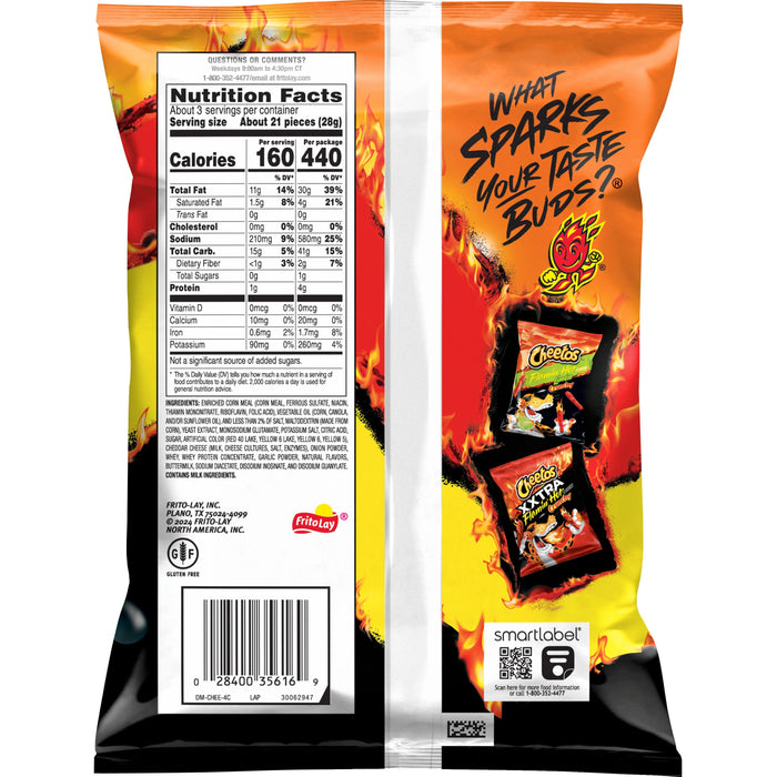 Nutrition facts for Cheetos Flamin' Hot, 2.75 oz snack bag, showcasing calories and ingredients, Frito Lay bulk chips case.