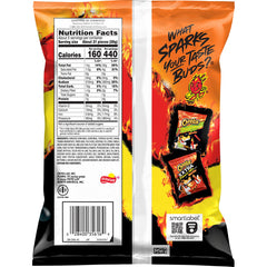 Nutrition facts for Cheetos Flamin' Hot, 2.75 oz snack bag, showcasing calories and ingredients, Frito Lay bulk chips case.