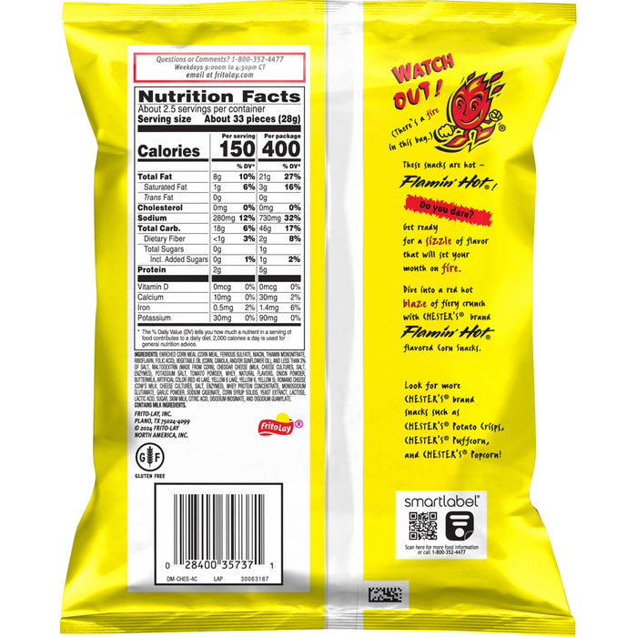 Chester's Hot Fries nutrition facts label, 2.625 oz bag, Frito Lay bulk chips case, spicy corn snacks.