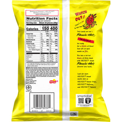 Chester's Hot Fries nutrition facts label, 2.625 oz bag, Frito Lay bulk chips case, spicy corn snacks.