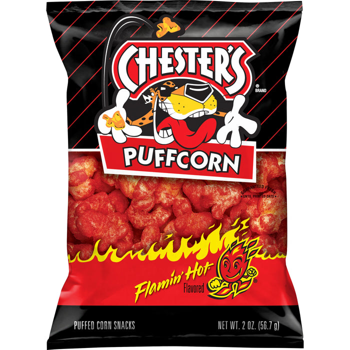 Chester's Puffcorn Flamin Hot 2 Oz bag, a light and crunchy snack perfect for Frito Lay bulk chips case.