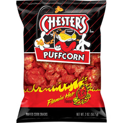 Chester's Puffcorn Flamin Hot 2 Oz bag, a light and crunchy snack perfect for Frito Lay bulk chips case.