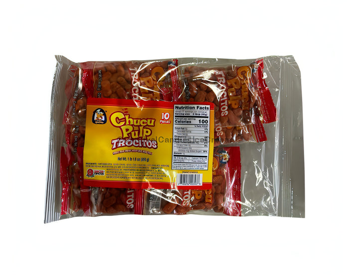 Chucu Pulp Trocitos Bags featuring 10 count Mexican candy with a sweet and sour tamarind flavor in a bulk package.
