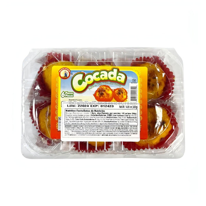 Cocada Coconut Ball Candy pack featuring 6 pieces, showcasing delicious Mexican candy with roasted coconut flakes.