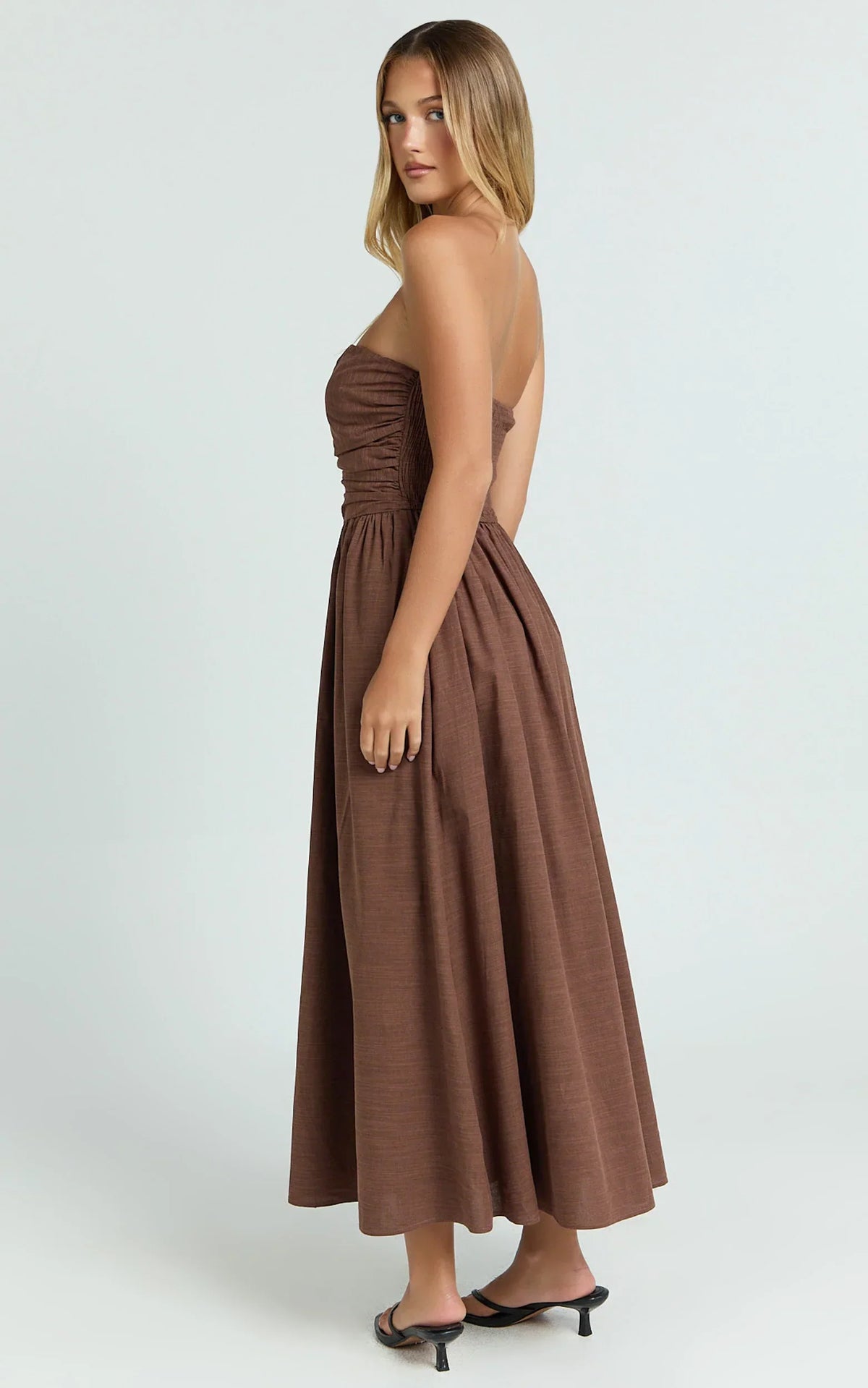 Polly Midi Dress - Strapless Ruched Dress in Chocolate