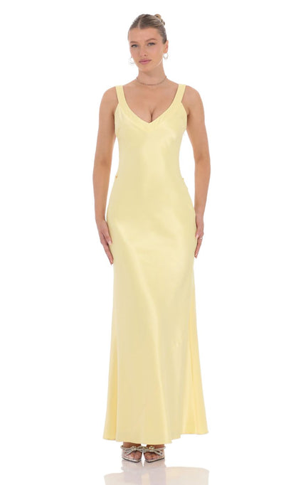 Satin Open Back Maxi Dress in Yellow