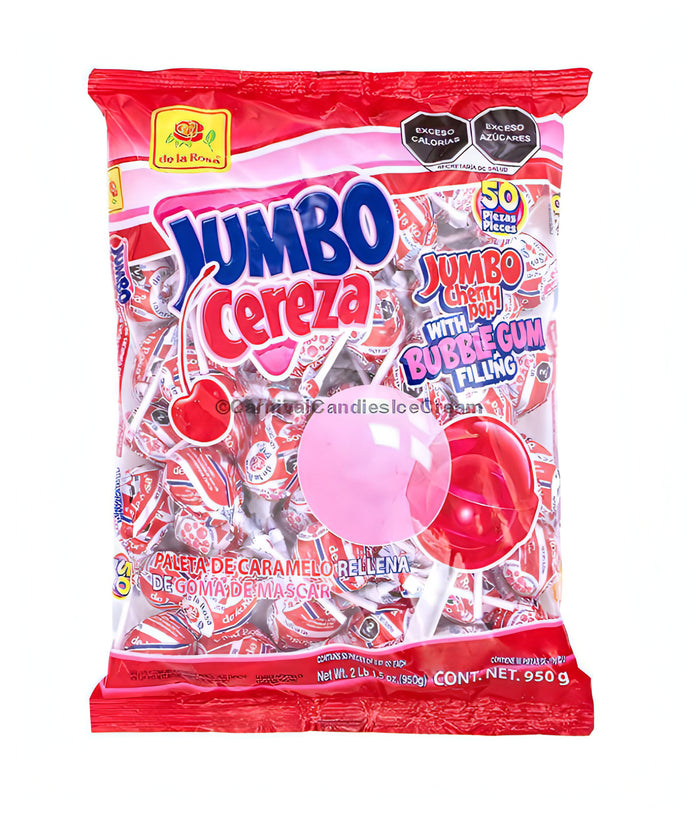 De La Rosa Jumbo Cereza Lollipops pack, 50 count with bubble gum filling, delicious bulk Mexican candy.