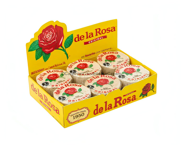 De La Rosa Mazapan Mini 12 count display box featuring colorful packaging and classic design, ideal for bulk Mexican candy.