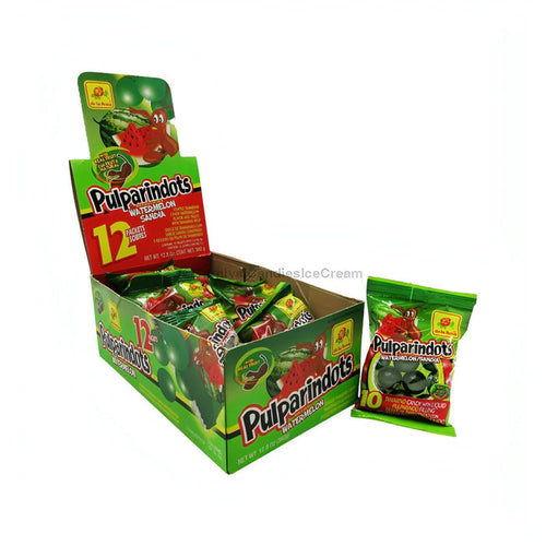 De La Rosa Pulparindots Sandia box with 12 watermelon flavored candies, ideal for bulk Mexican candy lovers.