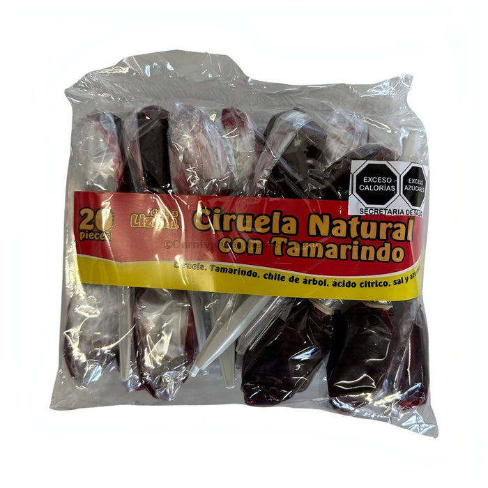 Dulces Lizeth Ciruela Natural con Tamarindo, a pack of 20 Mexican candy lollipops with sweet and tangy flavors.