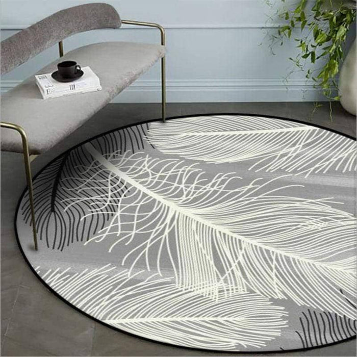 European Feather Pattern Round Area Rug - Soft and Elegant Living Room Decor
