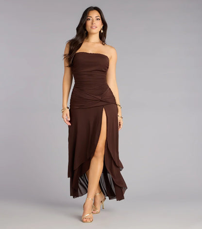 Chic Drama Strapless High Slit Ruffle Maxi Dress