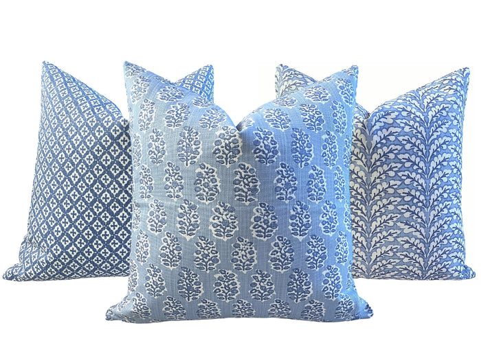 Florentia: Azure Bleu Mix and Match Decorative Pillow Covers / Light Blue Pillow Cover / Block Printed Pillow available in 10 sizes - Annabel Bleu