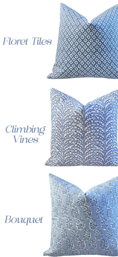 Florentia: Azure Bleu Mix and Match Decorative Pillow Covers / Light Blue Pillow Cover / Block Printed Pillow available in 10 sizes - Annabel Bleu