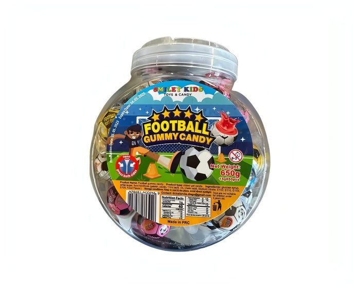 Football Gummy Candy jar featuring colorful gummies shaped like footballs, perfect for sports fans.