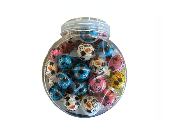 Jar of colorful gummy candies shaped like soccer balls, perfect for sports fans and candy lovers.