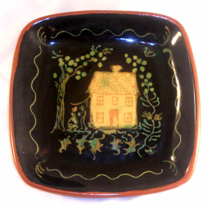 Glazed Oley Valley Pottery Pa Redware Moravian Style Square Plate House & People