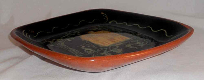 Glazed Oley Valley Pottery Pa Redware Moravian Style Square Plate House & People
