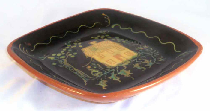 Glazed Oley Valley Pottery Pa Redware Moravian Style Square Plate House & People