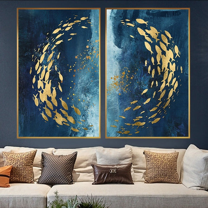 Golden Bliss - Abstract Fish in a Blue Ocean