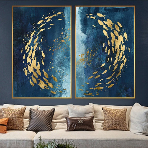 Golden Bliss - Abstract Fish in a Blue Ocean