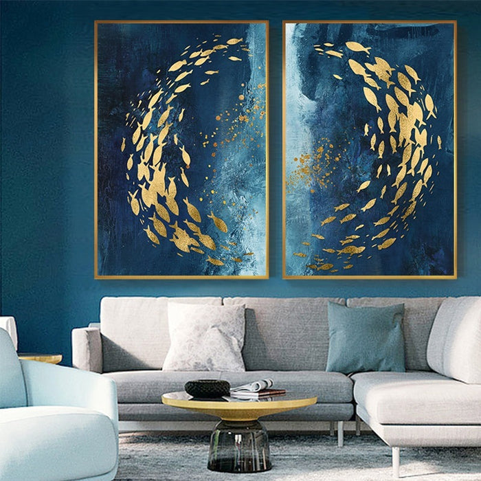 Golden Bliss - Abstract Fish in a Blue Ocean