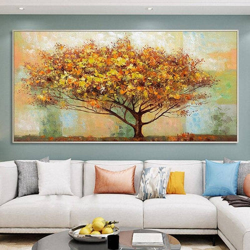 Hand-Painted Autumn Tree Canvas Art: Vibrant and Artistic Wall Poster