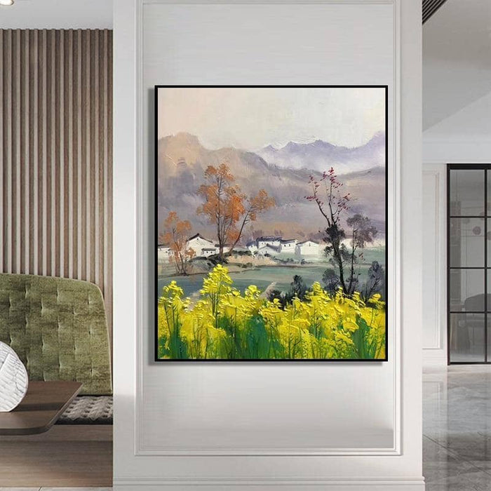 Hand-Painted Village Canvas Art: Artistic and Rustic Wall Poster