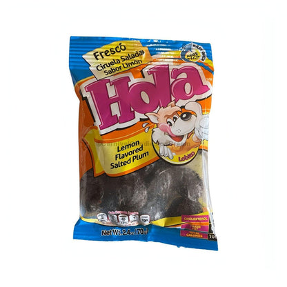Hola Lemon Flavored Saladitos snack pack, a unique Mexican snack delight with salted plums and a citrus twist.