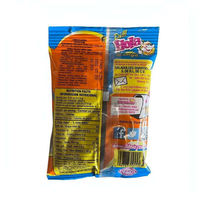 Hola Lemon Flavored Saladitos packaging featuring nutrition facts, a popular Mexican snack delight.