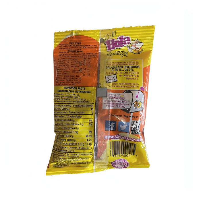Hola Salted Chamoy Saladitos snack packaging with nutrition facts, a unique Mexican snack delight.