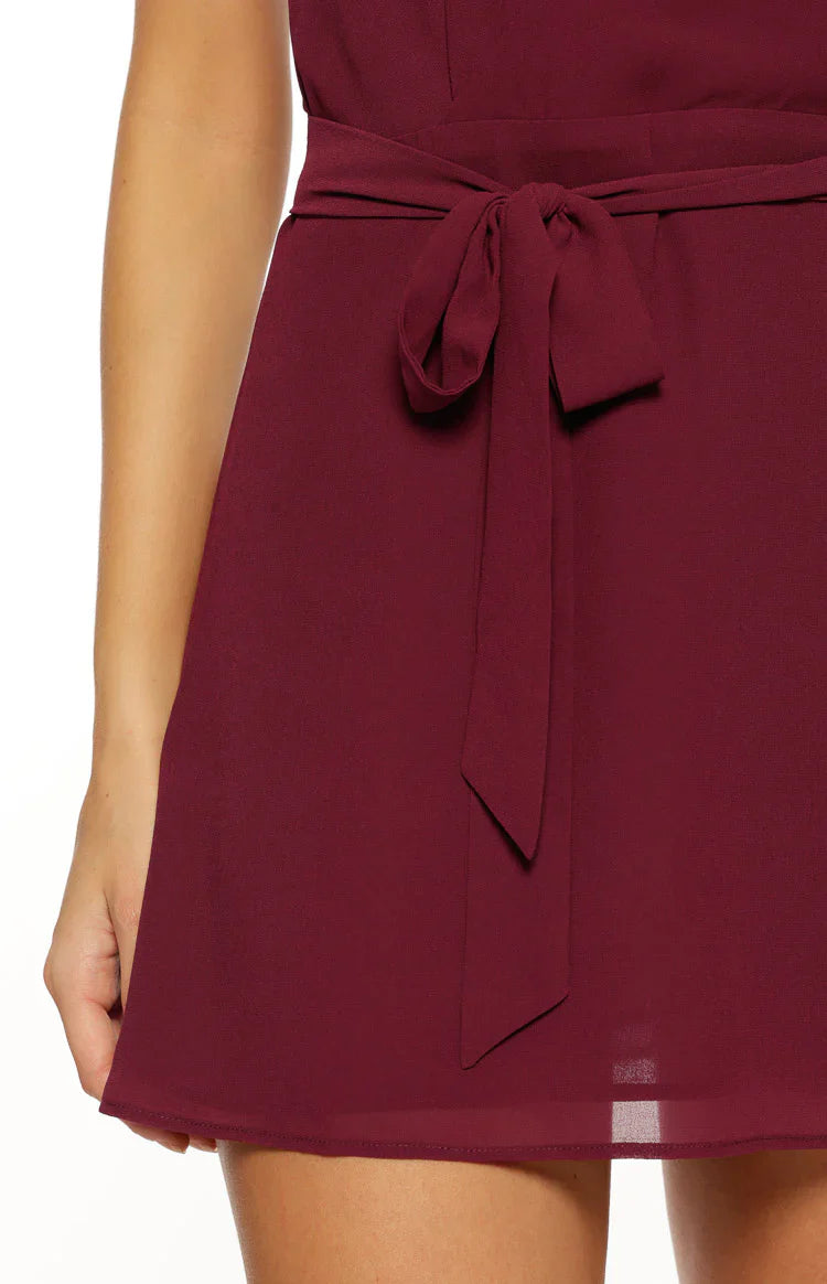 Jazmene Burgundy Halter Neck Wrap Mini Dress