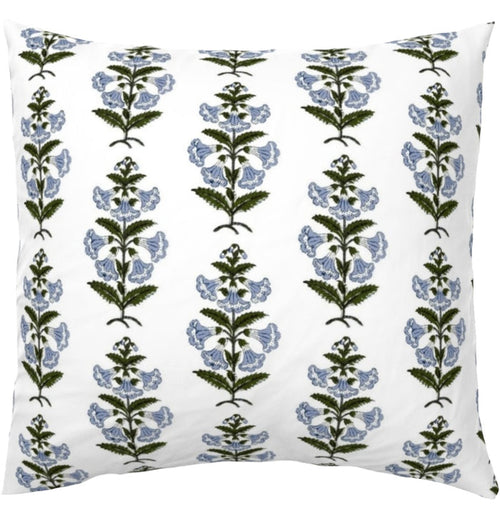 Light Blue and Green Petunia Block Printed Canvas Pillow Cover: Available in 10 Sizes - Annabel Bleu