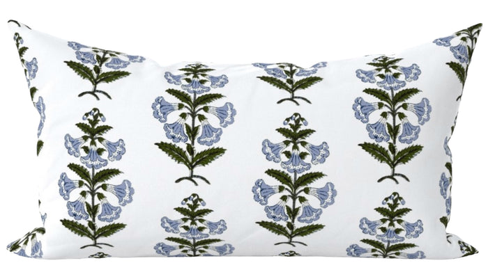 Light Blue and Green Petunia Block Printed Canvas Pillow Cover: Available in 10 Sizes - Annabel Bleu