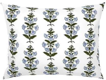 Light Blue and Green Petunia Block Printed Canvas Pillow Cover: Available in 10 Sizes - Annabel Bleu