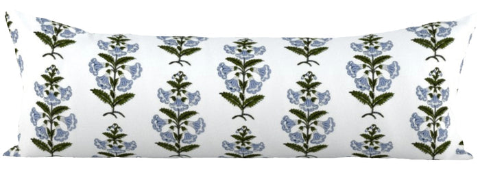 Light Blue and Green Petunia Block Printed Canvas Pillow Cover: Available in 10 Sizes - Annabel Bleu