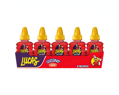Lucas Gusano Chamoy liquid candy pack of 10, perfect for enjoying delicious bulk Mexican candy.