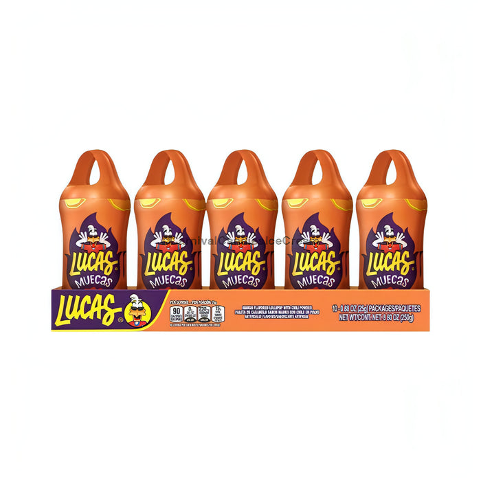 Lucas Muecas Mango Mexican candy lollipops (10 count) in bright packaging with a purple and orange design.