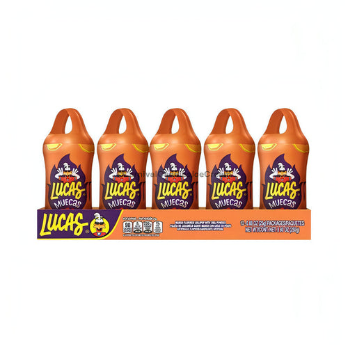 Lucas Muecas Mango Mexican candy lollipops (10 count) in bright packaging with a purple and orange design.