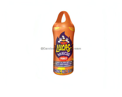 Lucas Muecas Mango Mexican candy lollipop, sweet and salty with chili powder, 10 count packaging.