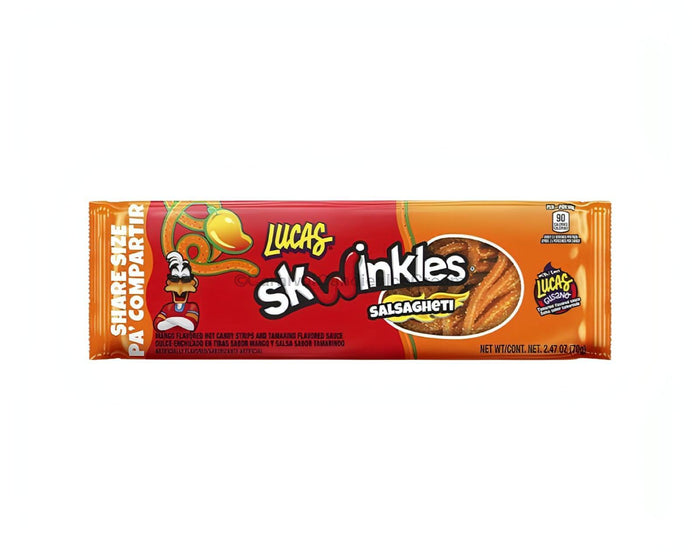 Lucas Salsagheti Mango King Size, a sweet and spicy Mexican candy shaped like spaghetti, with tamarind sauce included.