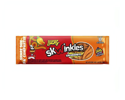 Lucas Salsagheti Mango King Size, a sweet and spicy Mexican candy shaped like spaghetti, with tamarind sauce included.