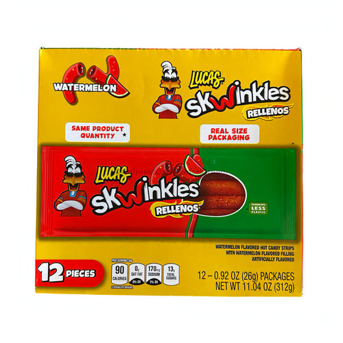 Lucas Skwinkles Rellenos Watermelon candy pack, featuring 12 pieces of spicy tamarind-filled Mexican candy.